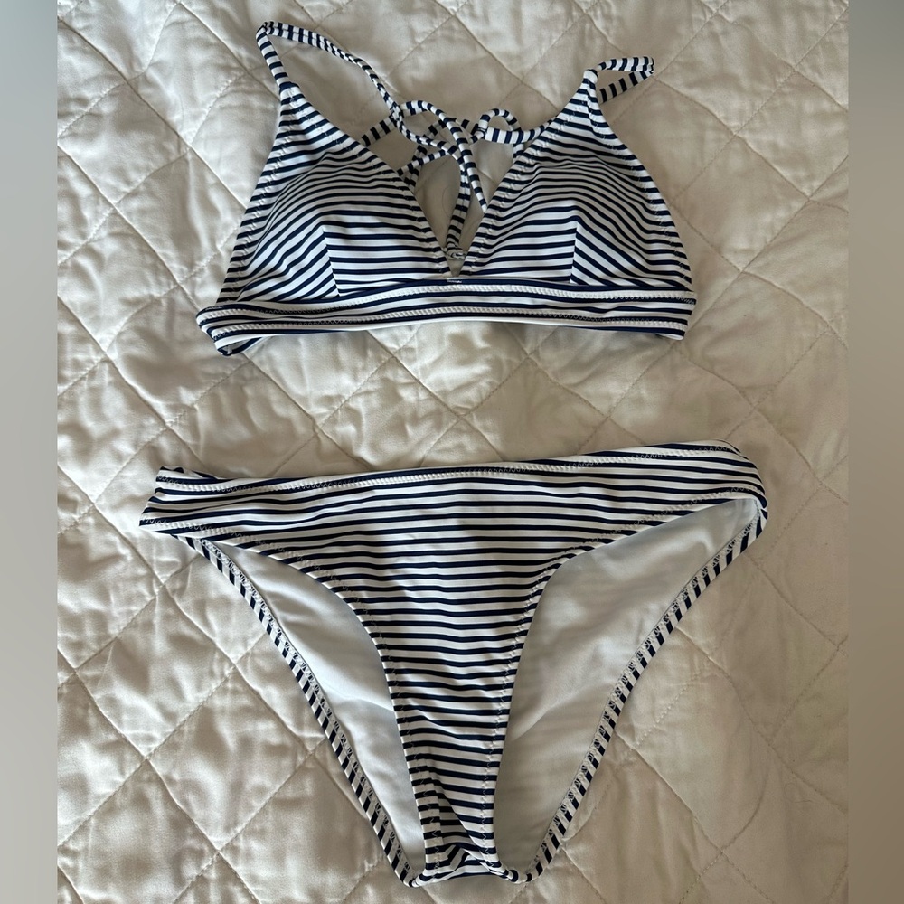 Blue and white striped bikini
